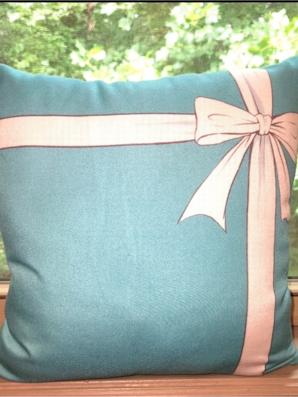 Blue Decorative Accent Pillow with White Bow Design